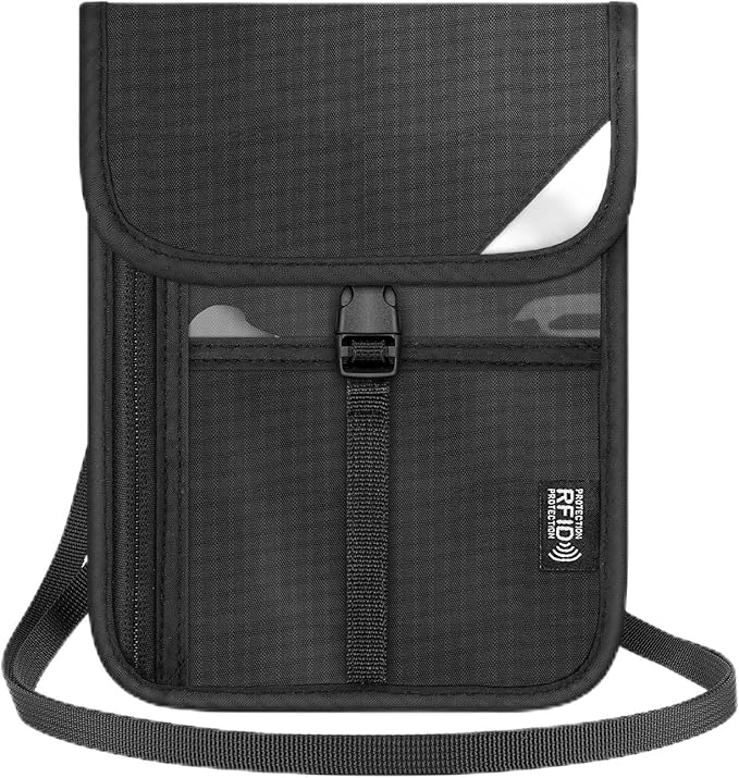 Likesing 5.9" L x 8" W Travel Neck Wallet, RFID Blocking Passport Holder for Travel Women Men, Security Passport Wallet with Buckle, Neck Pouch Gifts for Traveling Family (Black)