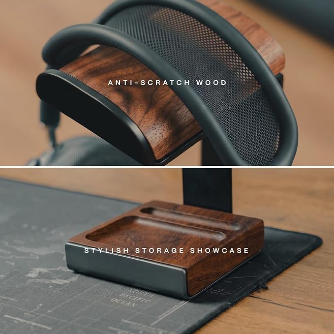 COREMINDED Universal Headphone Stand for Desk, Solid Wood Gaming Headset Stand, Heavy Duty Wooden Headphones Holder, Compatible with Airpods Max and More