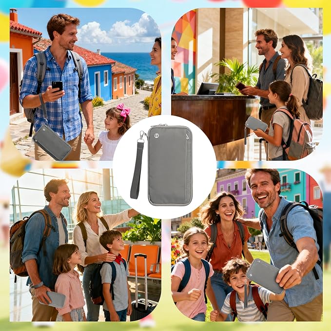 WALNEW Passport Holder Travel Family for 10, RFID-Blocking Wallet and Document Organizer Passports with Zipper, for Cards, Boarding Passes, Money, Tickets, Travel Essentials, Gray