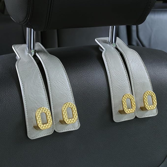 Car Headrest Hooks Universal Car Purse Hook Premium Leather and Alloy Twin Hook Car Seat Back Storage Hanger Hook for Purse Bags Cloth Drink Durable Holder Car Accessories (BH09-Grey-Gold)