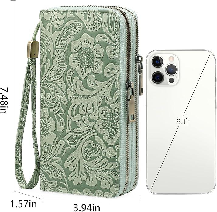 GOIACII Women's Wallet Wristlet Ladies Phone Purse RFID Blocking Large Card Holder Double Zip Grip Strap Vegan Leather