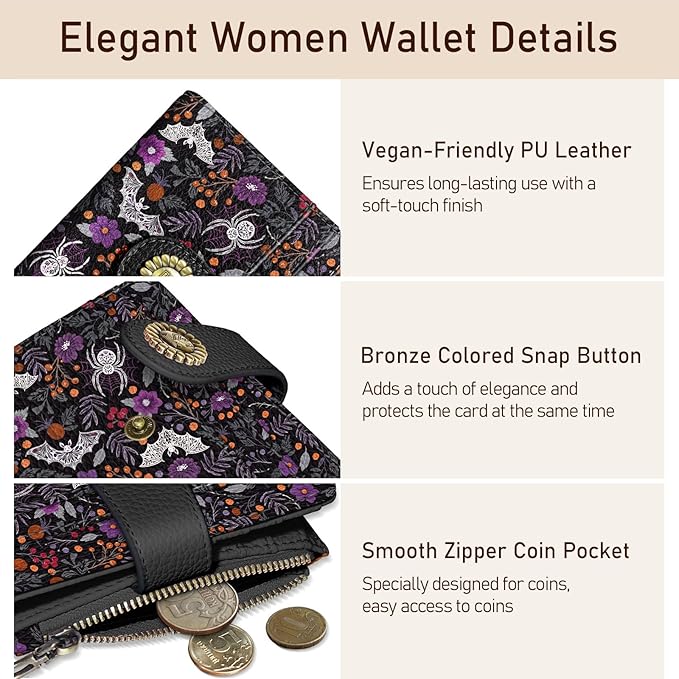 Kelvoris Goth Gothic Bats Spiders Web Small Rfid Women Wallet Bifold Zipper Coin Pocket PU Leather Compact Cash Credit Card Holder Travel Wallet for Female Ladies Teen Girls 1 ID Window 10 Card Slots