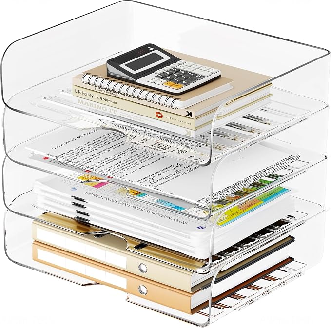 Tomorotec Desk Letter Tray Set, A4 Size Clear PET Stackable Document Organizer Office Desktop File Paper Holder Book Storage Rack Side Load Anti-Skid Stacking Support Convex Bottom (4X Landscape)