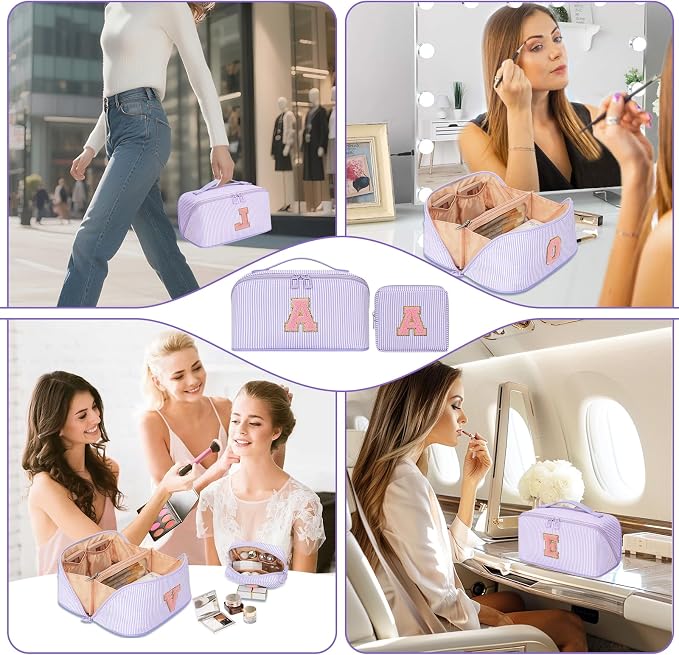 2026 Graduation Gifts - Travel Makeup Bag for Women, 2Pcs Portable Personalized Initial Makeup Organizer Bag, Open Flat Large Cosmetic Bag With Travel Essential Pouch (Purple Letter C)
