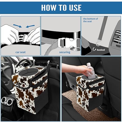 Western Brown Black Cow Print Car Trash Can with Lid Collapsible Reusable Waterproof Car Garage Bag,Automotive Garbage Can,Car Accessories Interior Car Organizer