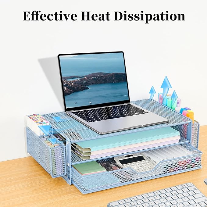 AUPSEN Computer Monitor Stands Riserï¼?-Tier Desk Organizers and Accessories, Office Desk Accessories Organizer with Drawers and 2 Pen Holder for Office Supplies (Blue)