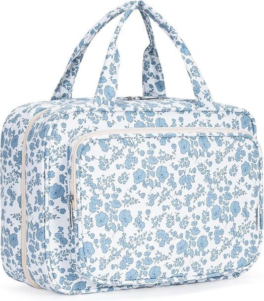 Narwey Travel Toiletry Bag for Women Large Hanging Makeup Bag Organizer Toiletries Bag for Full Size Essentials Accessories Cosmetics (Blue Flower (Large))