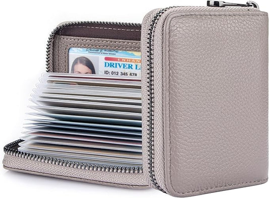 Suweibuke Genuine Leather Credit Card Holder Zipper Wallet RFID Blocking Secure Card Case ID Case Organizer (Grey)
