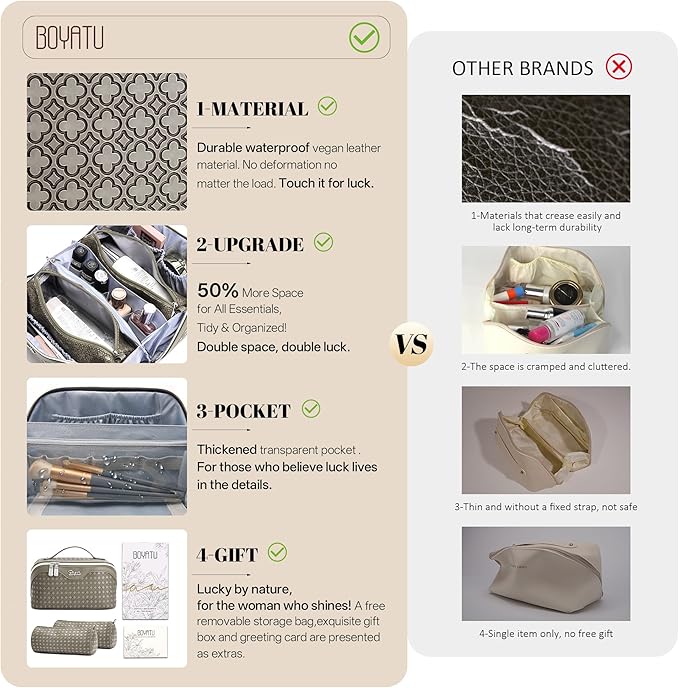 BOYATU Travel Makeup Bag for Women: Four Leaf Clover Large Capacity 3 Pcs Set Cosmetic Bags - Waterproof 50% Extra Space for Toiletry Organizer - Travel Essentials for Fortunate (07 Khaki)
