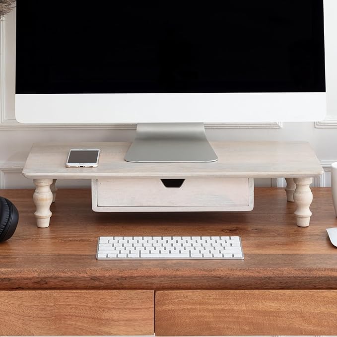 Anji Mountain Monitor Stand - Desktop Organizer & Laptop Riser, Ergonomic Monitor Riser, Space-Saving Monitor Stand for Desk, Durable Construction, Easy Assembly, Ideal for Home & Office,White Wash