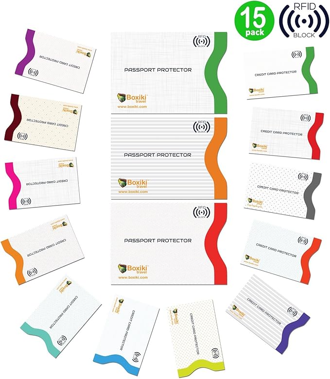 Boxiki Travel Set of 15 RFID, Set with Color Coding | Identity Theft Prevention RFID Blocking Envelopes and Passport Covers (White Collection)