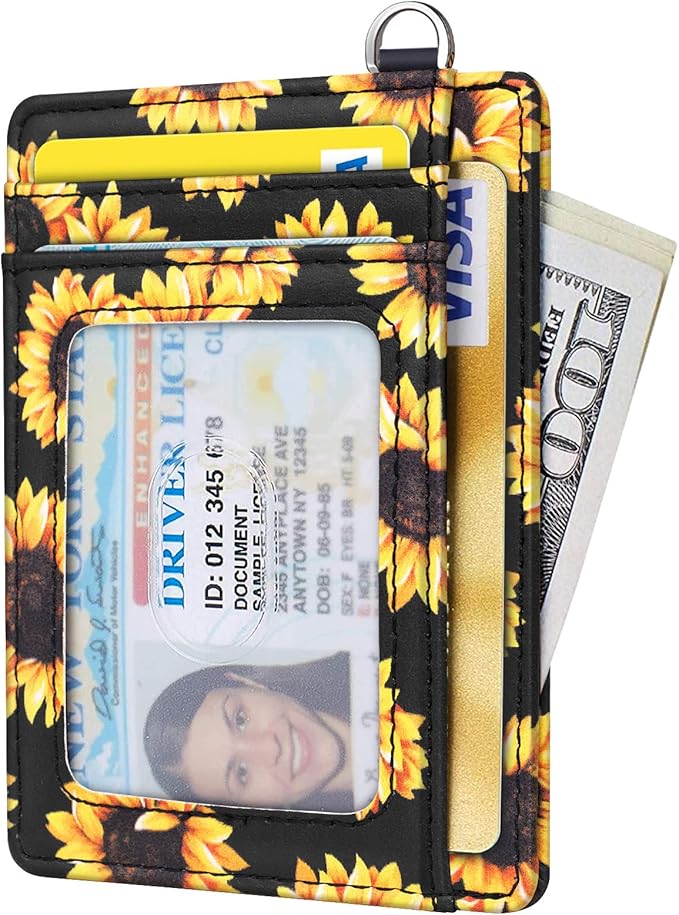 Coco Rossi Slim Front Pocket Wallet RFID Blocking Minimalist Credit Card Holder Wallet with D-Shackle for Women,Sunflower