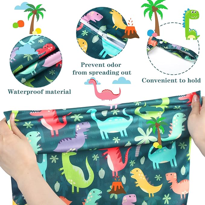 Shappy 2 Pack Large Travel Laundry Bags, Large Wet Dry Waterproof Dirty Clothes Bag for Suitcase, Swimsuit Beach Gym College Dorm Wet Bag(Dinosaur Style)
