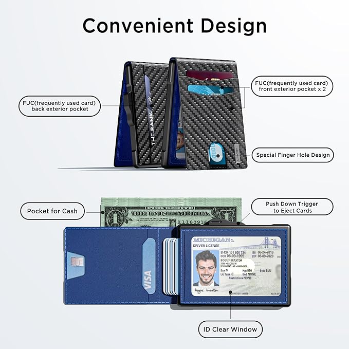 umoven Wallet for Men - Pop Up Case, Cash Slot, and Credit Card Slot - Slim Aluminum Wallet with RFID Blocking, Minimalist Leather Wallet Front Pocket with ID Window (Carbon Blue)