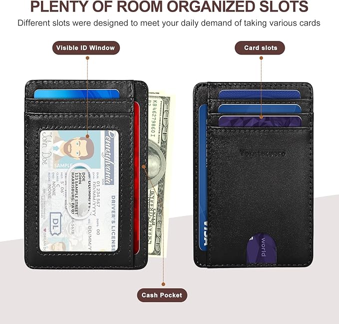Slim Minimalist Front Pocket Thin Wallet RFID Blocking 100% Genuine Grain Leather Credit Card Holder for Men Women with Gift Box - Grain Leather Black
