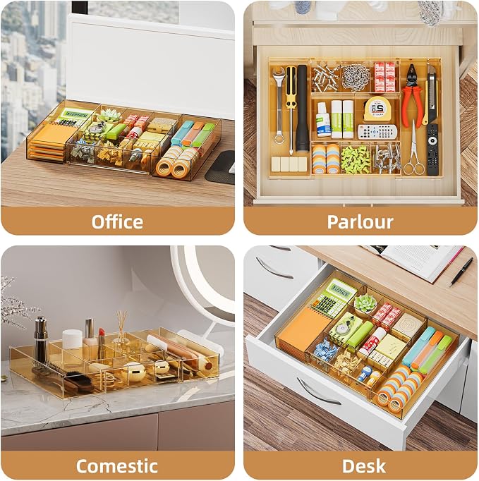 Marbrasse Expandable Desk Drawer Organizer, Clear Plastic Drawer Organizer Tray with 10 Adjustable Compartments, Desk Organizers and Accessories, 5 Drawer Dividers for Office Supplies(Clear Champagne)