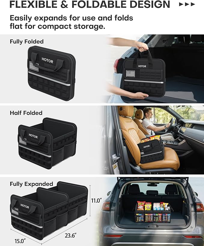 HOTOR Tactical Car Trunk Organizer - Foldable Trunk Organizer for SUV with Front MOLLE Pocket & Reflective Strips, Essential Car Accessories for Tools & Outdoor Storage, 15.0" x 23.6" x 11.0", Black