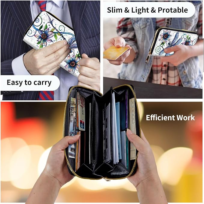 Wallet,Leather Long Wallet Suitable For Ladies And Teenagers - Detachable Wristband + RFID Travel Wallet With Card Slot - Dragonfly with Flowers