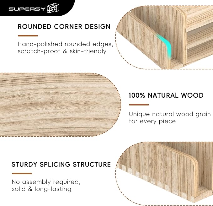 SUPEASY Wooden Desk Organizer, 3-Tier Letter Tray File Organizer with Dual Side Mail Sorter, Solid Wood Desktop Paper Organizer for Office, Home Office, Classroom (Natural Wood)