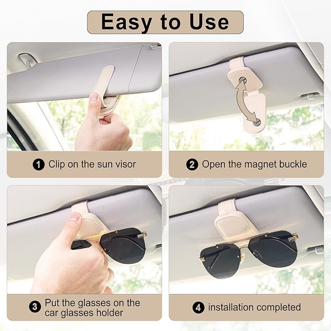 SINGARO Sunglasses Holder for Car, Leather Magnetic Buckle Sun Visor Sunglass Clip, Ticket Card Storage Glasses Clip, Car Interior Accessories for Men and Women（Beige）