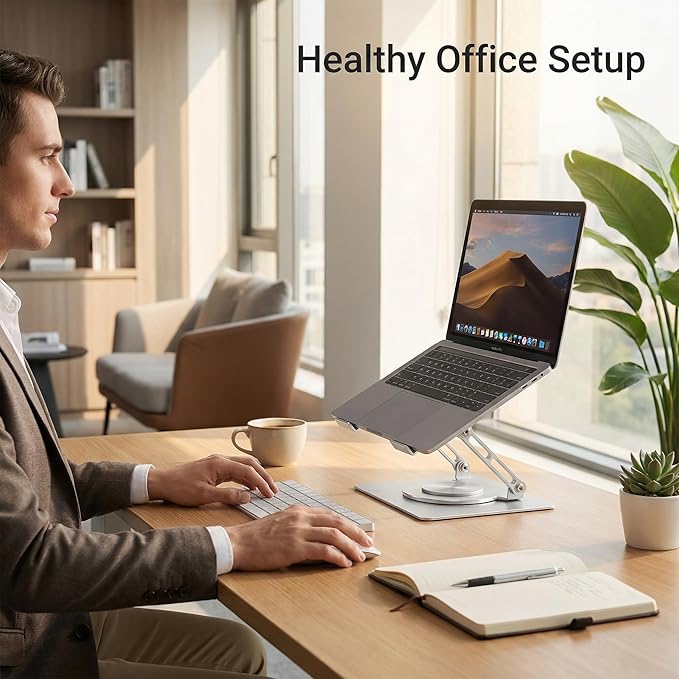 360 Rotating Aluminum Laptop Stand, Adjustable & Foldable Ergonomic Computer Stand, Compatible with MacBook, iPad, Dell, HP up to 16 Inches for Home & Office, Silver