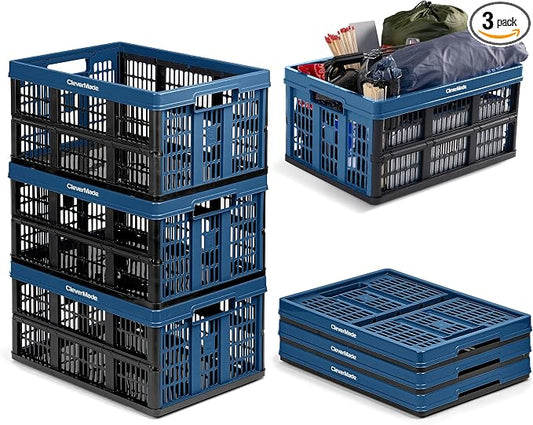 CleverMade Collapsible Utility Crates, Ocean, 3 Pack, 45L/11 Gal, 66 lbs Capacity, Stackable Containers, Heavy Duty, Space-Saving Baskets,Polypropylene (PP)