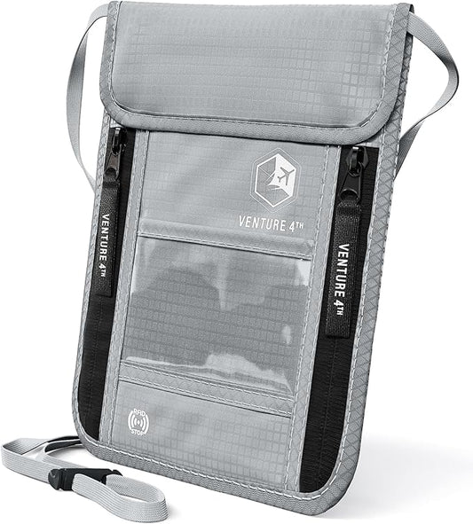 VENTURE 4TH Neck Wallet for Women & Men – RFID Blocking Passport Holder for Travel, Hidden Neck Pouch with 6 Compartments, Slim Lightweight Travel Organizer with Adjustable Strap (Silver)
