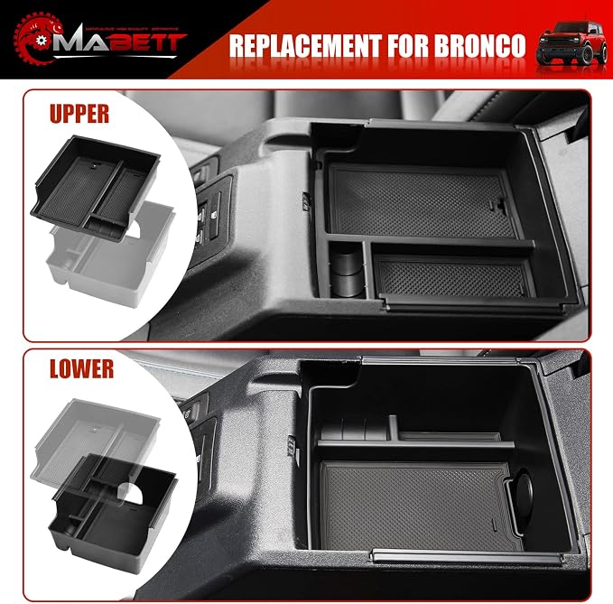 Mabett Console Organizer Tray for Bronco Accessories, Armrest Storage Box fit Bronco 2021-2024 2/4-Door (Not Fits 2025 2026) with Non-Slip Mat Black