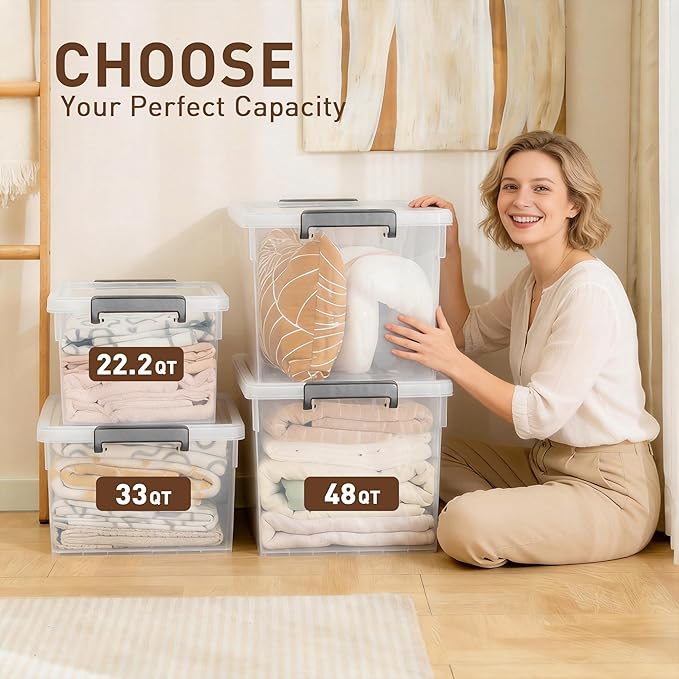 Citylife 48 QT 6 Packs Plastic Storage Bins with Lids and Secure Latching Buckles Clear Stackable Storage Containers for Organizing Durable Storage Box