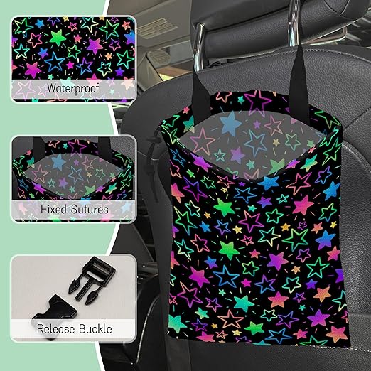 Colorful Stars Car Trash Bag,Neon Stars Hanging Drawstring Car Garbage Bag,Waterproof Canvas Car Back Seat Organizer with Adjustable Buckle,for Vehicles,SUVs,Camping,Road Trips