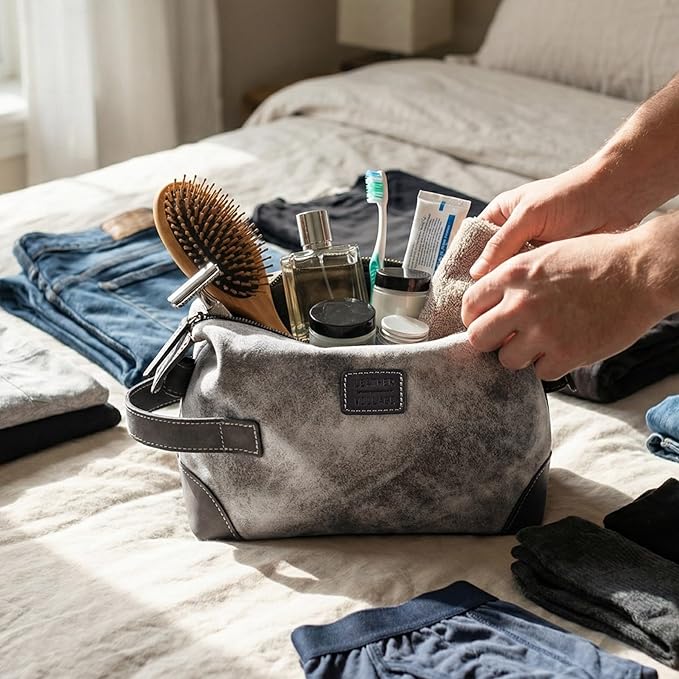 LEATHER VILLAGE Genuine Leather Dopp Kit for Men & Women – Travel Vintage Toiletry Bag with Waterproof Lining, Shaving & Bathroom Essentials Organizer - Distressed Grey