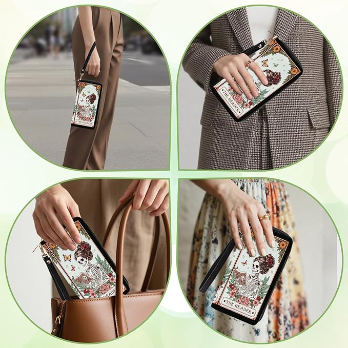 Book Lovers Gift for Womens Wallet - Slim PU Leather Gothic Style Skeleton Reader Wallet for Women with Zipper, Credit Card Holder Wallets, Wristlet Wallets for Female Girls Birthday(Reading Gift)