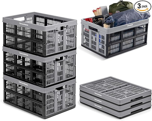 CleverMade Collapsible Utility Crates, Stone, 3-Pack, 45L/11 Gal, 66 lbs Capacity, Stackable, Space-Saving