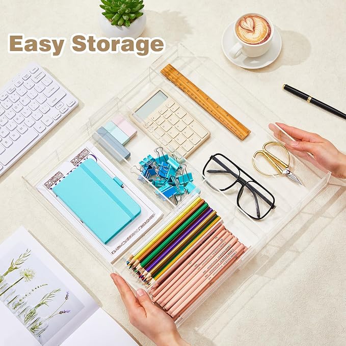 Briwooody 2 Pcs Acrylic Drawer Organizer 9'' up to 18'' x 15'' x 2'' Expandable Drawer Organizer Pens Notebook Ruler Makeup Tray with 7 Adjustable Compartments for Desk Office Kitchen Bathroom(Clear)
