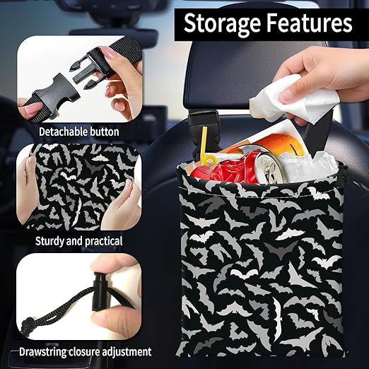 Car Trash Bag Large Hanging Can for Back of Seat, Cute Waterproof Car Garbage Bag for Vehicle, Travelling, Outdoor Cute Grey Black Bats