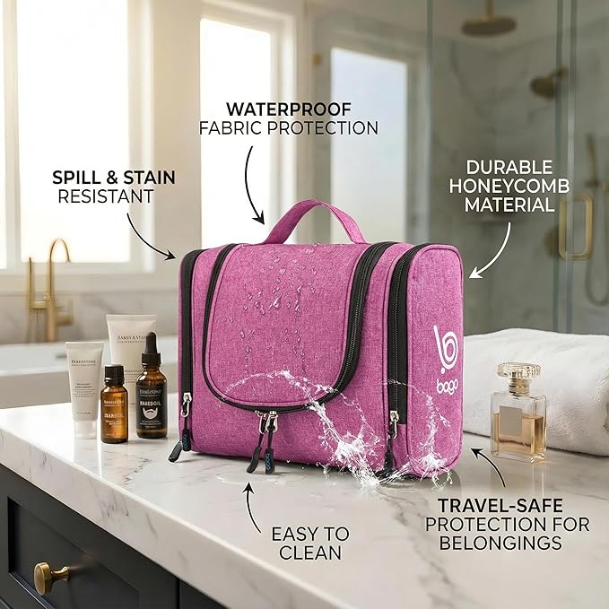 Bago Travel Toiletry Bag for Women and Men X-Large Waterproof Hanging Large Toiletry Bag for Bathroom and Travel Bag for Toiletries Organizer - Makeup Bag (SnowPink)