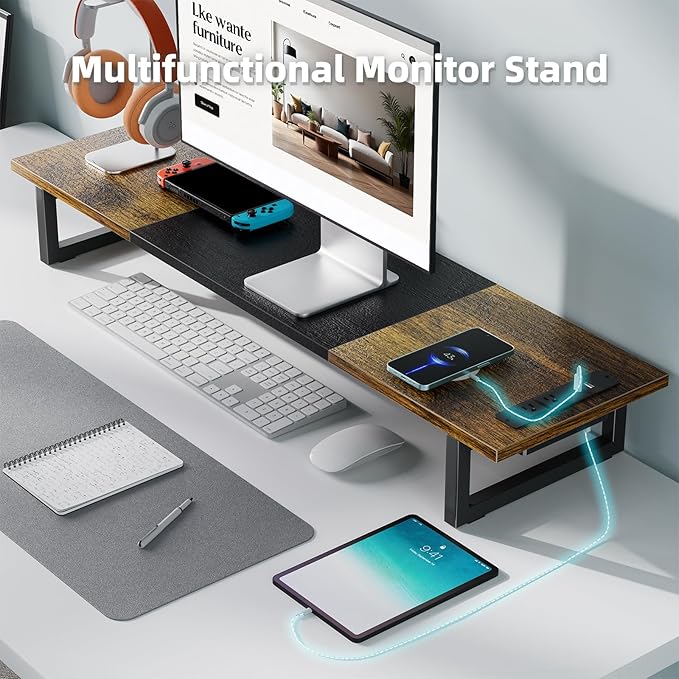 Simple Trending Dual Monitor Stand Riser with 2 USB Charging Ports, Desk Organizer With Drawer and 2 Pen Holders, Shelf for Top of Desk, iMac