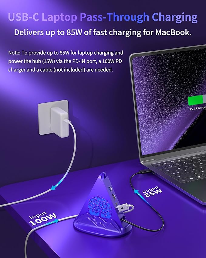 Purple USB C Hub, 8-in-1 USB C Multiport Adapter with 4K@30Hz HDMI, 100W Power Charging, 5Gbps Type C, 3 USB-A 3.0, SD/TF Slots& RGB Lighting, Purple Type C Hub for MacBook, iPhone17, iPad, XPS(Tree)