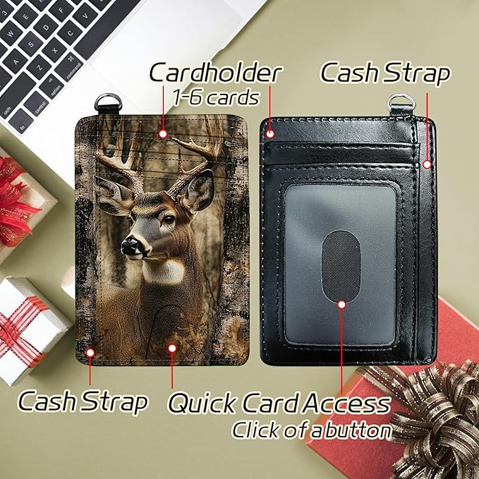 Small Travel Wallets, Camo Deer Tree Slim Minimalist Front Pocket Wallet with Wristlet, RFID Blocking PU Leather Credit Card Holder with ID Window Change Purse for Men Women