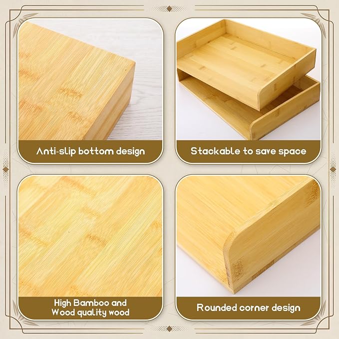Novabright 6 Pcs Stackable Paper Organizer Tray Acacia Wood Desk Organizer Letter Tray Desktop Letter Size Office Wooden Desk Shelf Paper Holder Folder Organization Rack for File Document(Bamboo)