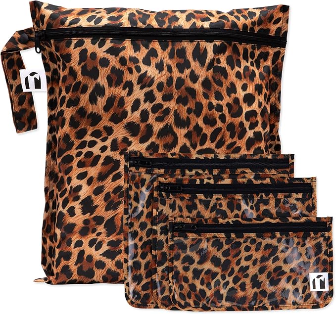Bumkins Roamio- Waterproof Wet Bag & Clear Travel Bags - For Beach, Baby, Travel, Swim Suit, Cloth Diapers, Pump Parts, Pool, Gym, Toiletries - Reusable & Easy to Clean - Leopard - 4 Pack