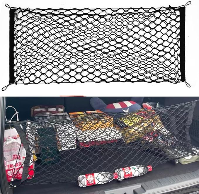 Double Layer Cargo Net for Pickup Truck Bed,Stretchable Rear Cargo Net,50 ×18 inch Elastic Truck Storage Net with 4 Metal Carabiners, Nylon Storage Organizer for Pickup Trucks