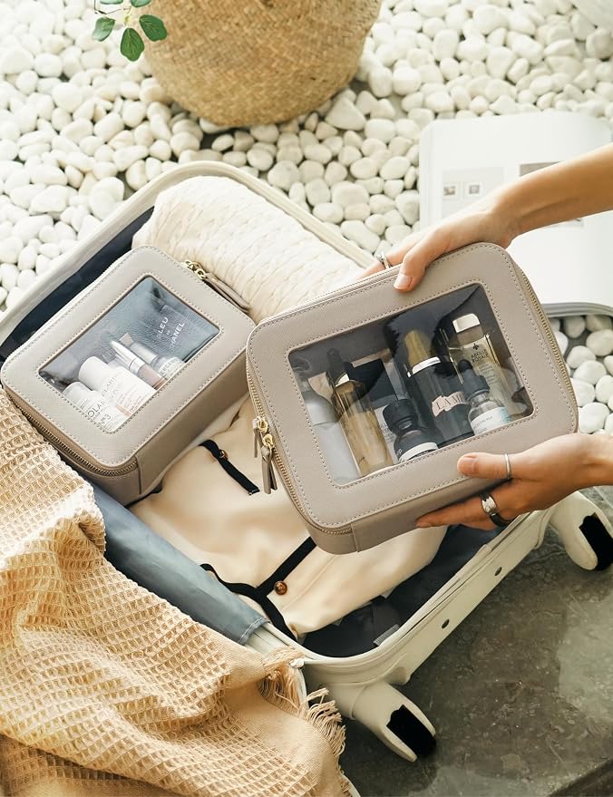 Popvibe Clear Makeup Bag Travel Cosmetic Case Transparent Toiletry Bag with Zipper, Portable Make Up Organizer Traveling Compact Car Bag for Essentials, Stone, Medium and Large