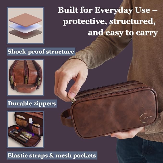 Premium Men’s Toiletry Bag with Drawstring Pouch – Durable Water-Resistant Leather-Look Travel Organizer for Shaving, Grooming & Hygiene Essentials (Chestnut Brown)