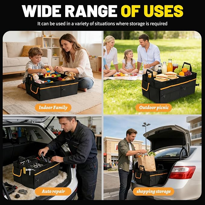 95L Car Trunk Organizer with 2 Tie-Down Straps&2 Removable Dividers|Foldable Cover,Multi-Compartment Collapsible Storage Box for SUV&Sedan&Truck|Non-Slip Bottom,3mm Durable PE Board Construction