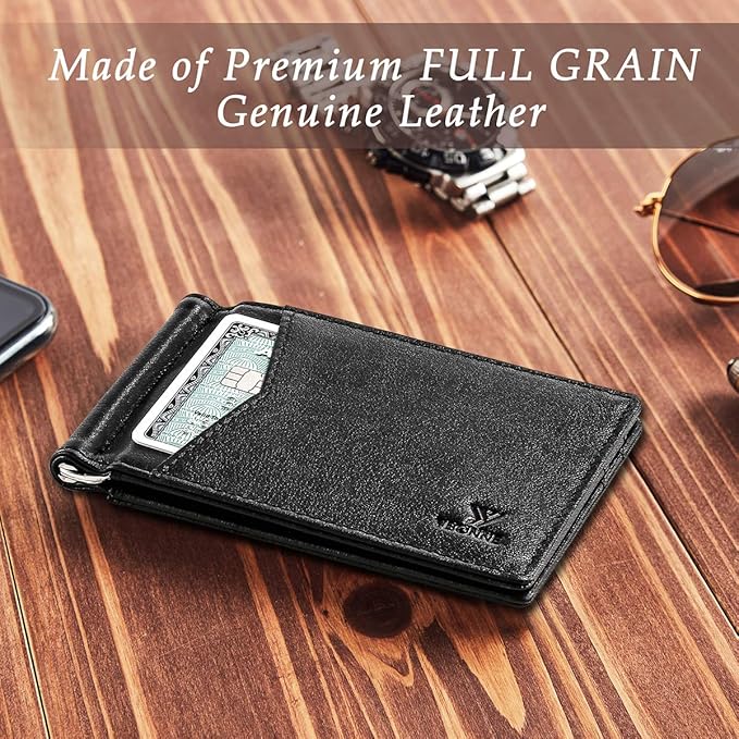 YBONNE Mens Slim Wallet with Money Clip Front Pocket RFID Blocking Thin Bifold Leather Card Holder Minimalist Mini Billfold