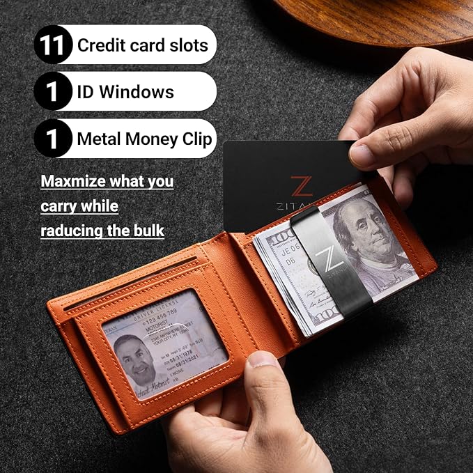 Zitahli Slim Wallet for Men with Money Clip, Minimalist Front Pocket RFID Blocking Leather Wallets Bifold Credit Card Holder, 11 Card Slots and ID Window with Gift Box