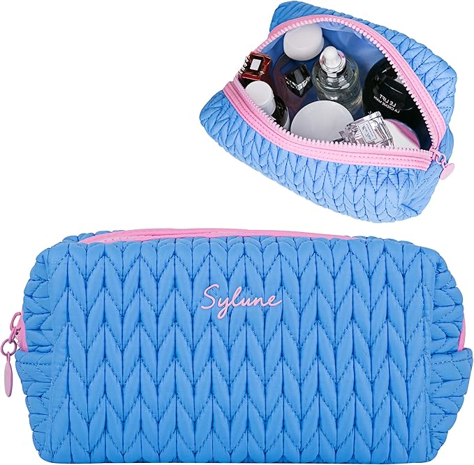 Knitty Bag – Blue Quilted Makeup Bag for Women, Lightweight Waterproof Cosmetic Organizer, Soft Nylon Travel Pouch, Elegant Gift Choice