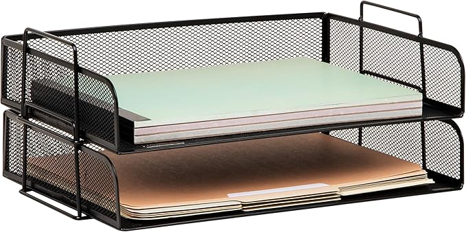 Mind Reader Stackable Paper Tray, Desktop Organizer, File Storage, Office, Metal Mesh, 2 Pcs., Black