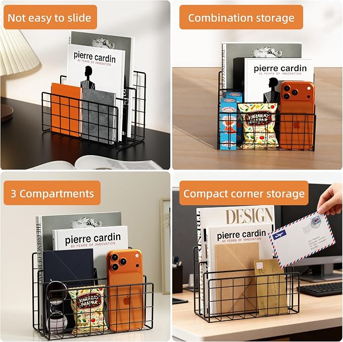 3-Slot Metal Mesh Desk Mail Organizer, Letter Sorter File Holder for Office & Home, 2PCS (Black)